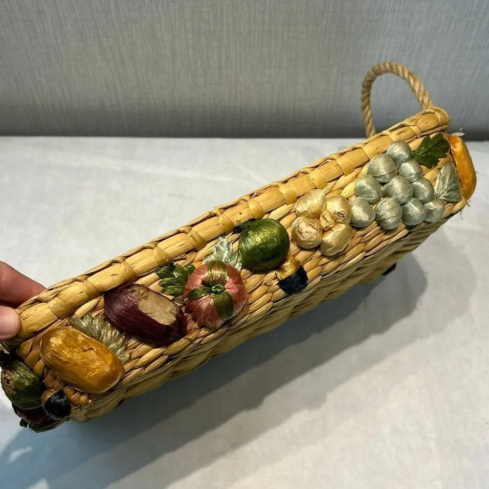 Vtg Woven Straw Lined Basket with 3D Fruit on Sides Phillipines Handmade Boho